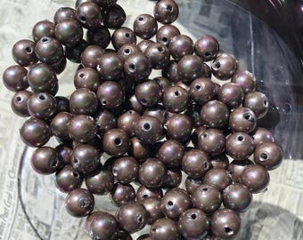 20 Vintage Iridescent Dark Bronze Glass Round Beads, 6mm