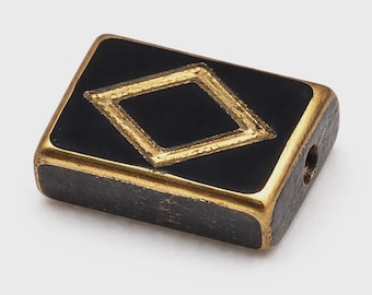 6 Vintage Black and Gold Glass Rectangle Beads with Diamond Pattern, 12mm
