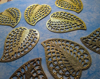 4 Vintage Filigree Brass Leaf Stampings, Leaves, 43mm