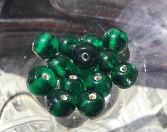 12 Handmade Emerald Green Glass Beads, 8x7mm