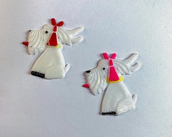 1 Vintage Hand Painted White Dogs / Puppies Celluloid, Early Plastic Pearlized Shades of Pink, Japan, 34mm Tall
