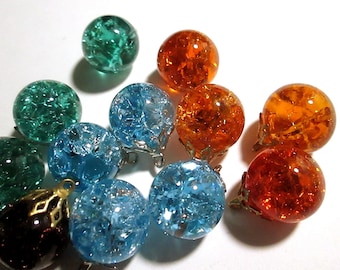 4 Large Vintage Crackle Glass Round Charm Drops, Earrings, 14 mm, 4 Colors U-Pick