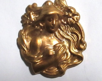 One Vintage Art Nouveau Lovely Lady Brass Stamping