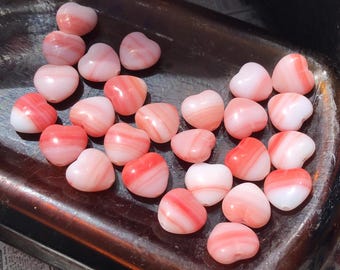 10 Coral and White Striated Glass Heart Beads, Petite 8mm