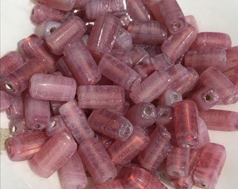 4 Dusty Pink Vintage Glass Tube Beads, 15mm, Frosted Cylinder Beads for Jewelry Making