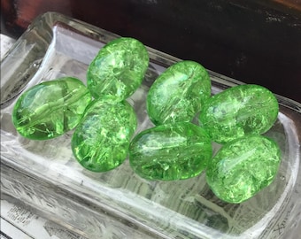 6 Crackle Green Vintage Glass Oval Beads, 18x12mm, Translucent Chunky Beads for Jewelry Making