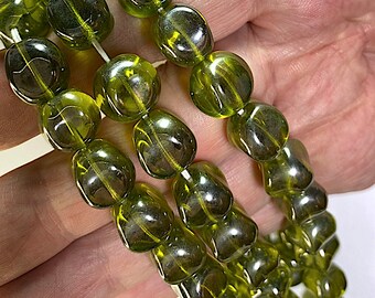 9 Vintage Translucent Olive Green Luster Glass Pinch Beads, Olivine Glass, Germany, 12.5mm,D12-35
