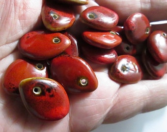 9 Red Glazed Ceramic Flat Tear Drop Beads, Drops, Pendants