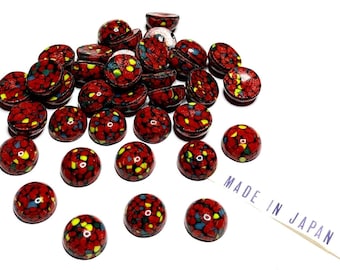 6 Vintage Confetti Glass Domed Cabochons, in Reds, Greensand Yellow, 12mm, Japan