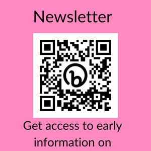 May include: Pink background with the text "Subscribe to our Newsletter" and a QR code. Below the QR code, the text reads "Get access to early information on listings, sales, discounts and more!"