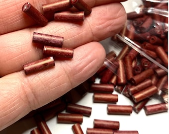 6 Vintage Mulberry Red Matte Finish Ceramic Beads, Minimalist Long Slim Tube, Japanese, 12mm x 4mm