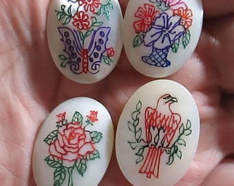 Vintage Mother of Pearl Cabochons, Hand Painted Flower, Butterfly, Eagle Designs (25x18mm)