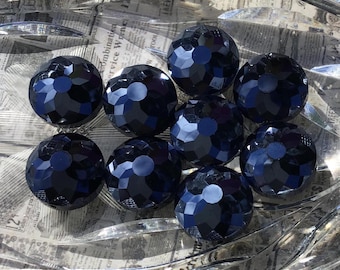 4 Vintage Faceted Black Glass Cabochons, 18mm Round Domed Jet Black Cabs for Jewelry Making