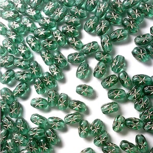 12 Vintage Czech Teal Glass Rice Beads, Incised Gold Star Design, 7mm