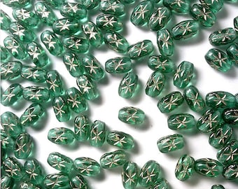 12 Vintage Czech Teal Glass Rice Beads, Incised Gold Star Design, 7mm