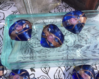 2 Transparent Cobalt Blue Wedding Bead Hearts with Gold Aventurine, 18mm