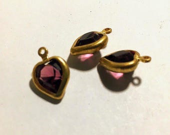 10 Vintage Swarovski Amethyst Heart Charms – Gold Brass Channel Pendants – Austrian Crystal, 8mm