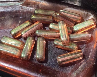 4 Iridescent Amber Pink Glass Barrel Beads, 15mm Vintage Tube Beads