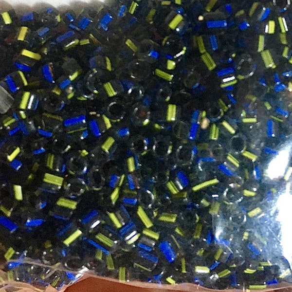 1 Package Antique Italian Hudson Bay 2 Cut Black with Blue and Yellow Sripes, Hex Glass Seed Beads, 12/0, 15 grams, C15-38