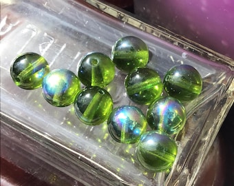 10 Iridescent Green Vintage Glass Round Beads, 9mm Aurora Borealis Finish, Retro Jewelry Supplies