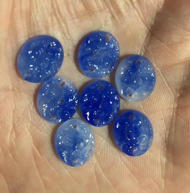 8 Blue Marbleized Pinhole Floral Glass Cabochons, Japan 12 x 10mm image 1