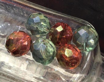 6 Faceted Green & Amber Round Glass Beads, 12mm Chunky Vintage Jewelry Supplies