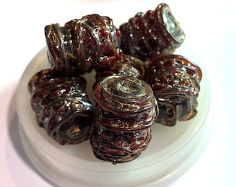 4 Handmade Spun Glass Beads, Translucent Red with Amber Luster Barrel Beads, Vintage Czechoslovakia, 1950's, Approx 1"