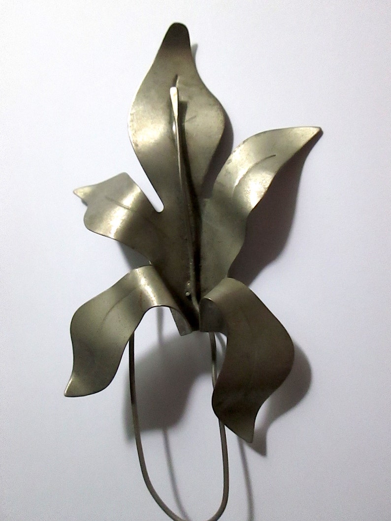 Flower Pin or Art Piece Leaves with Stem 1 Vintage Dimensional Pewter