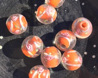 9 Handmade Pink Roses on an Orange Core, 12mm