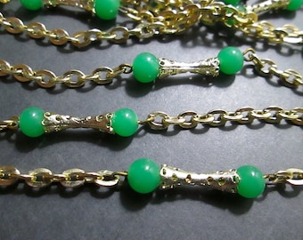 12 Feet Vintage Jade Glass Beaded Chain with Gold Tone Tube Beads and Chain, Necklace Chain with 6mm Beads, Japan