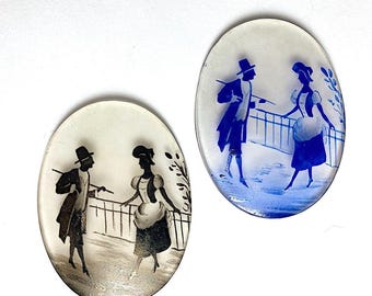 1 Vintage Lady and Gentleman Silhouette on  Frosted Glass Cameo, Oval Cabochon, 44mm x 33mm Blue or Black Silhouette, U-Pick