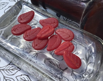 4 Opaque Red Vintage Glass Leaf Beads, 14mm, Pressed Matte Glass Beads for Jewelry Making