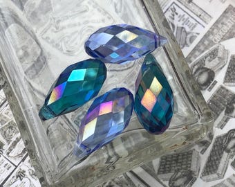 1 Vintage Faceted Blue Iridescent Glass Teardrop Beads with Top Hole, 20mm