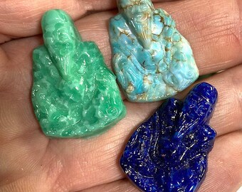 1 Vintage  Carved Glass Laughing Buddha Cabochon, West Germany, 26mm Tall, Two Types, Solid Black and Striated Olive Green/ Black