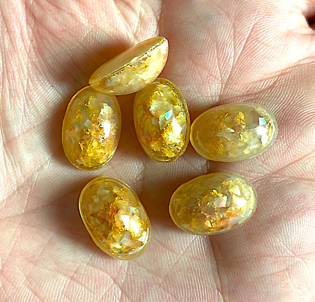 4 Art Deco Opal Confetti Glass Cabochons, 17mm X 12mm Opaline Stones
