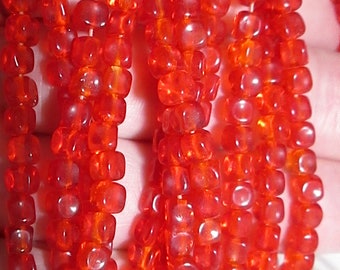 1 Strand (50 beads) Vintage Bright, Hot Red Glass Rectangular Beads with Dimples, Czechoslovakia, Approx 4mm