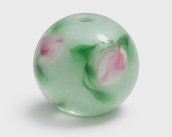 20 Handmade Petite Green Glass Round Beads with Pink Flowers, Roses Front and Back, Czech Lampwork