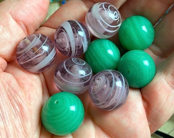 2 Vintage Handmade Purple or Green Swirl Round Glass Beads ,1/2 drilled,  Japanese  18mm, Grn
