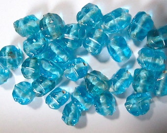 8 Vintage Handmade Translucent Aqua Blue Pressed Glass Beads, 10mm, Interesting Shape, Lampwork, Czech