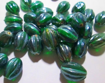 18 Vintage Iridescent AB Green Melon Glass Beads, Approx. 14mm x 10mm