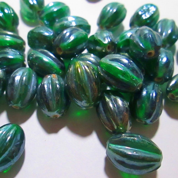 18 Vintage Iridescent AB Green Melon Glass Beads, Approx. 14mm x 10mm D13-01