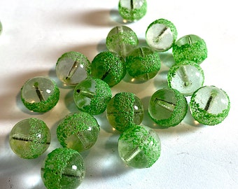 5 Vintage Rare Clear Glass with Green Sugar Beads, 1930's West Germany, Approx. 12mm