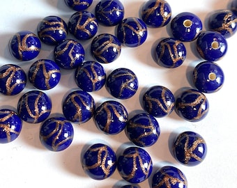 10 Vintage Cobalt Blue Glass Cabochons with Gold Aventurine Design, Approx 9mm Domed