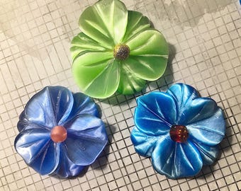 1 Vintage Carved Glass Flower Cabochons, Large, Daffodil, Pansy, 3 Colors: Sapphire, Cerulean, Spring Green, 37mm