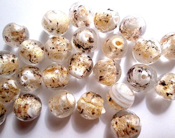 6 Handmade White Core with Gold Aventurine and Dark Speckles Glass Beads, 12mm