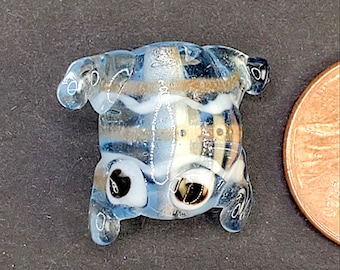 1 Vintage Handmade Translucent Light Sapphire Blue Glass Frogs, Lampwork with Gold Aventurine Detailing,  17mm x 20mm