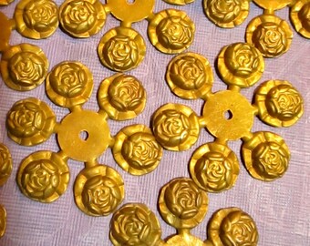 6 Large Vintage Brass Rose Stampings, 39mm Bendable Flower Bead Caps or Pinwheel Findings