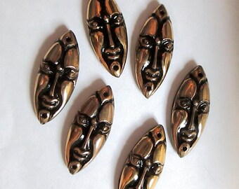 1 Vintage Tribal Faces Metallic Bronze over Black Glass, Hole Top and Bottom for Bail or Sew-On, 34mm x 14mm, Cabochon