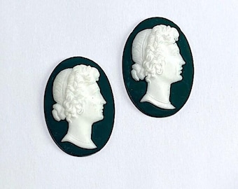 1 Vintage Beautiful Woman Profile Cameo, Cabochon With Green Matte Background, 16-C16-24