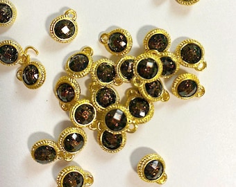 12 Vintage Orange Glass Glitter Rhinestones, Gold Tone Settings, Double-Sided Faceted Beads